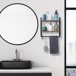 Estante de Pared de 2 Niveles SENYU con Toallero y Ganchos, Estante de Almacenamiento Industrial para Baño, Diseño de Madera y Metal, Ahorro de Espacio - Product Image 3