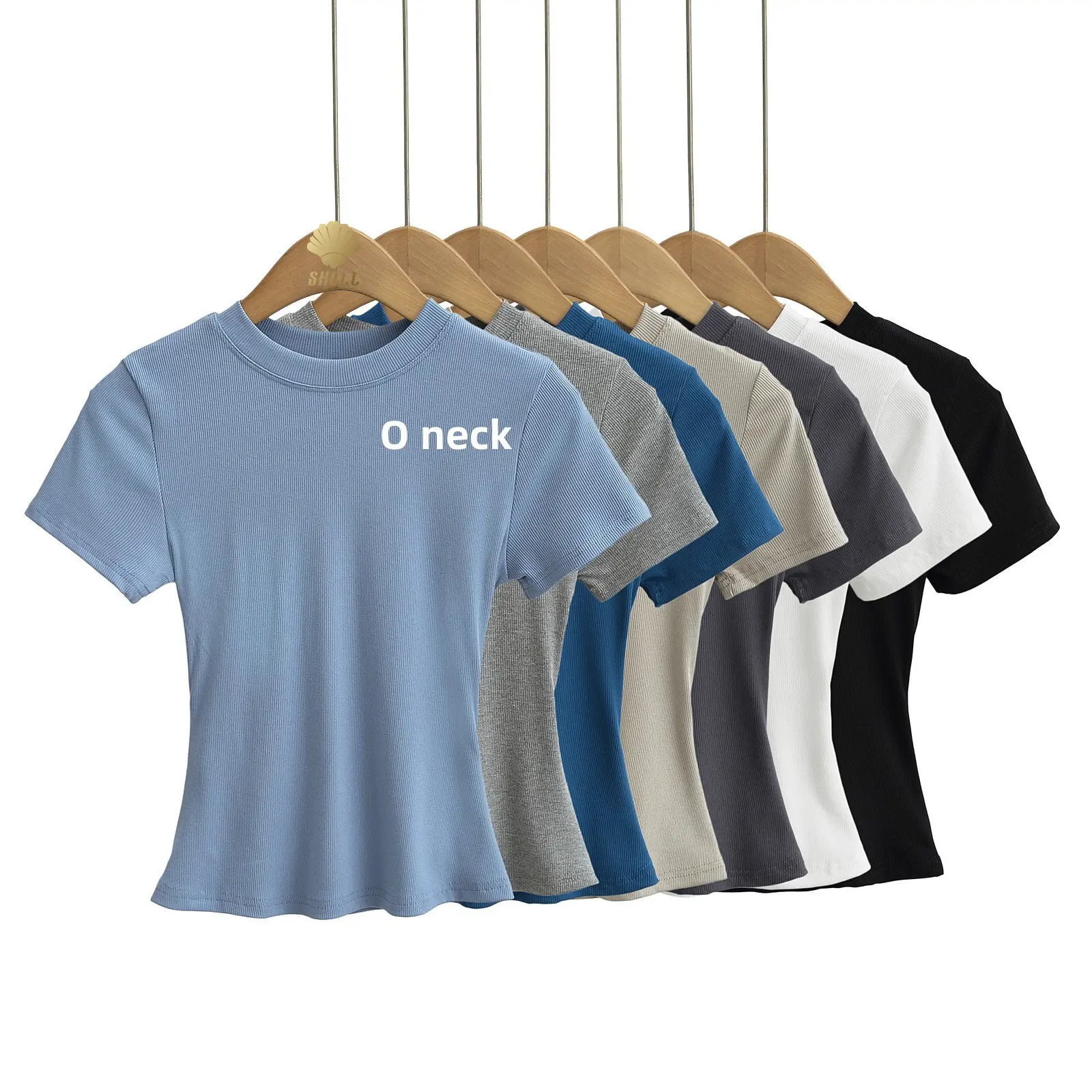 CNSHELL 슬림 하의 여성용 봄과 여름 타이트 A 피스 티셔츠 반소매 라운드 넥 슬리밍 단색 탑