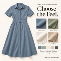 Robe utilitaire sur mesure pour femme avec ceinture, boucle dissimulée, patte de boutonnage cachée, poche poitrine, en sergé de coton, longueur midi, style workwear, marque privée