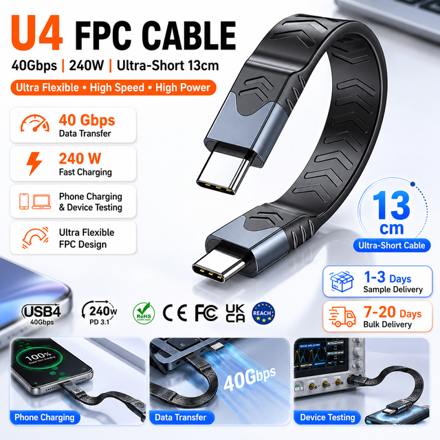 FPC USB4 Cable 240W Fast Charging PD3.1 40Gbps Type C to Type C Flat Flexible Cord for 16K Video Monitor Laptop SSD OEM