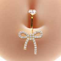 Anneau de nombril en titane ASTM F136 avec nœud papillon et zircone cubique, filetage interne M1.2, bijou de piercing pour nombril, ton acier doré, bijoux de mode