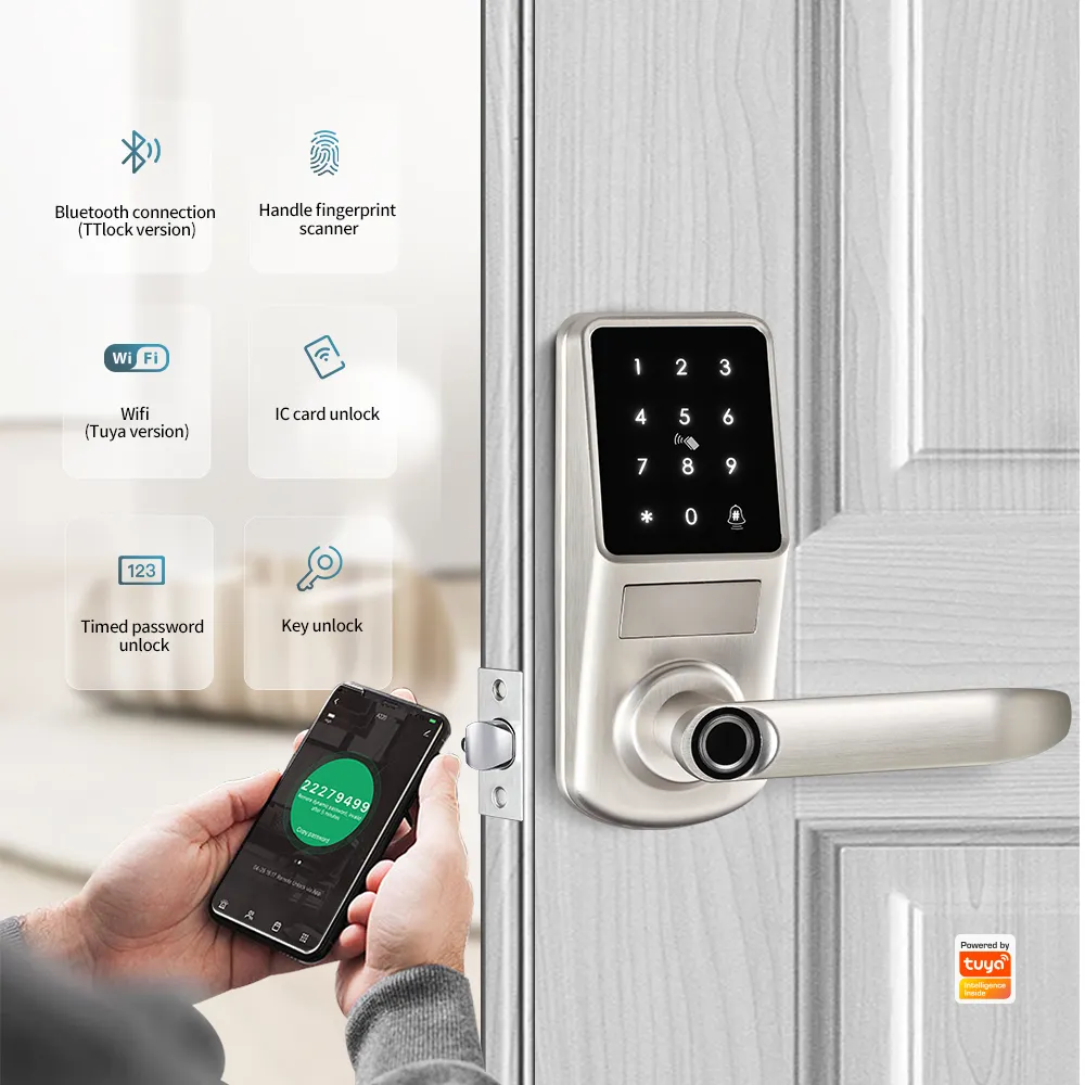 Smart Safety Latch Ttlock Biometric Fingerprint Handle Door Locking System for Hotel Office Memory Card Wifi OEM Stainless Steel