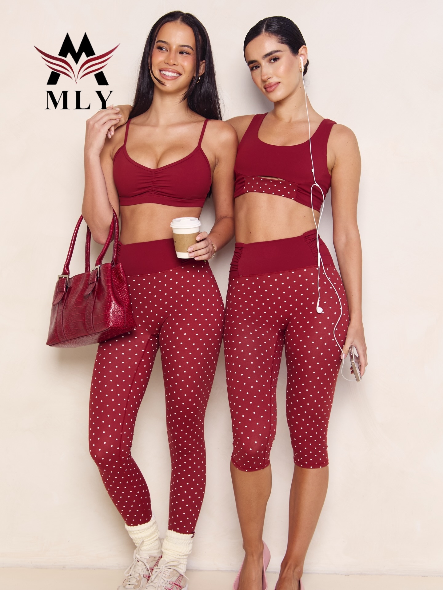 2026 Trendy Wine Red Polka Dot Seamless Yoga Sets Fitness Women Crop Top Pilates Clothes Leggings Gym Wear