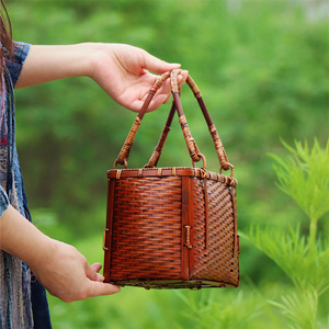 Bamboo Woven Handbag Square Retro Red Eco Friendly Women's Tea Ceremony Accessory - Product Image 2