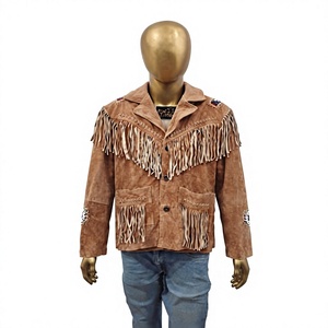 <b>Suede</b> Fringe Waterproof Vintage Motorcycle <b>Jacket</b> with Zipper Closure Pockets Winter Style Stand Collar Full Sleeve Regular Fit - Product Image 1