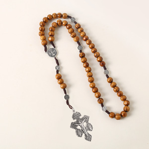 Ciondolo Rosario in Legno Croce del Perdono Medaglia Miracolosa San Benedetto Catena con Perline Regalo Religioso Cattolico per Pasqua - Product Image 2