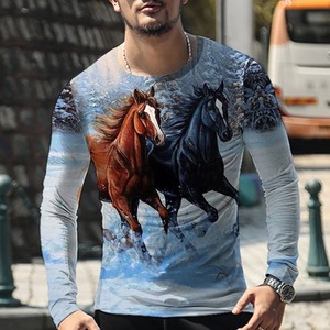 T-shirt Slim Fit a manica lunga stampa <span class=keywords><strong>2022</strong></span> da uomo nuova camicia Vintage intrecciata 3d con stampa t-shirt da uomo cavallo - Product Image 2