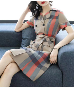 Ingrosso moda <span class=keywords><strong>elegante</strong></span> a-line Plaid a manica lunga <span class=keywords><strong>abito</strong></span> da donna Casual in <span class=keywords><strong>cotone</strong></span> con stampa a quadri vestito da donna - Product Image 4