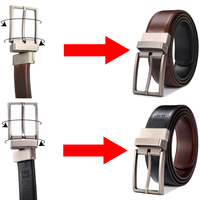 Sabuk Kulit Pria Desain Baru 3.2CM Warna Cognac dan Hitam, Sabuk Kulit Asli Bolak-Balik untuk Pria dengan Gesper Putar