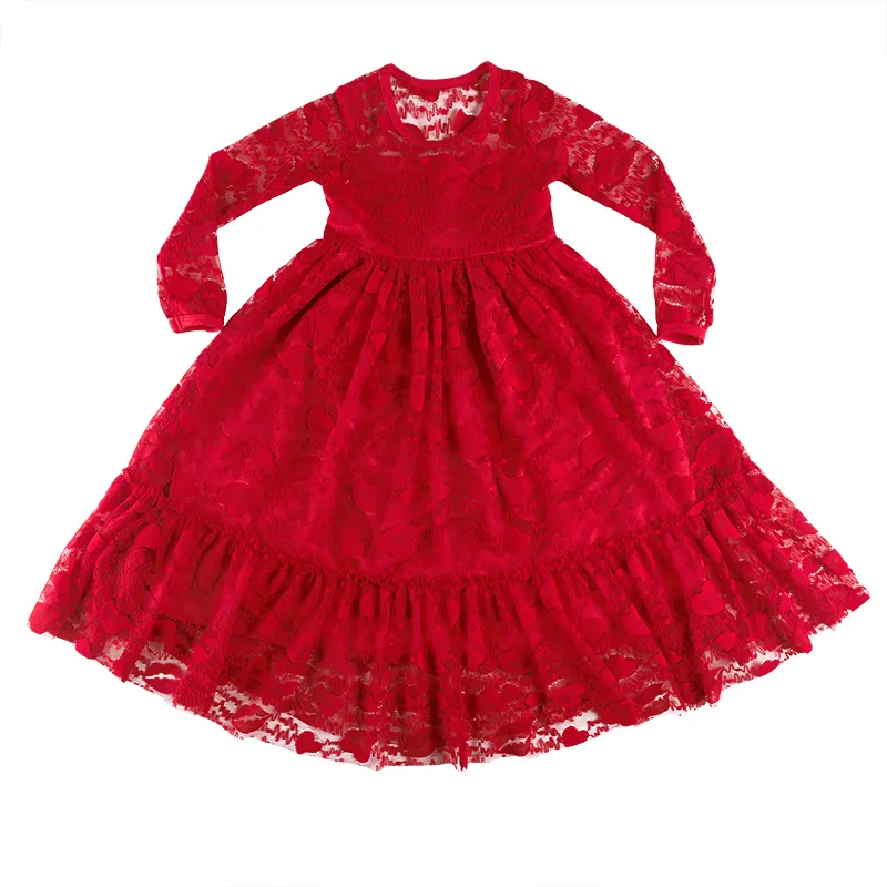 Venta al por mayor de alta calidad bebé niñas vestido otoño rojo largo Maxi vestido de fiesta de cumpleaños vestido niñas vestido