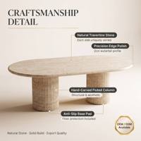 Table à manger de luxe Wabi Sabi personnalisée en travertin beige naturel de forme ovale avec socle bas, mobilier en pierre