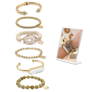 Stainless Steel Zircon Rivet,Natural Druzy Cuff <strong>Bracelet</strong>,Riverstone With Geode Agate Slice Charm <strong>Stacked</strong> <strong>Bracelet</strong> Set for Women - Product Image 2