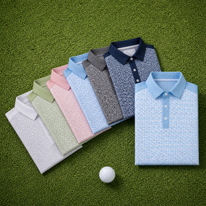 T-shirt de golf formel pour homme de haute qualité, imprimé lettres, en jersey de performance, avec motif en tissu tricoté imprimé par transfert thermique, couleur foncée - Product Image 2