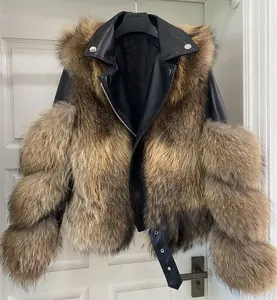 Luxurious thick raccoon fur jacket sheepskin leather fur overcoat custom hand made women winter warm hot sale real fur coat