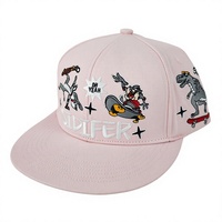 Casquette Snapback Y2K Street Skateboard rose clair avec broderie de dinosaure de dessin animé sur toute la surface, casquette ajustable à visière plate pour adolescents
