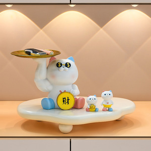 Happy Cat Resin Ornament With Tray Cosmetic Storage Desktop Decoration Feng Shui Lucky Cat Figurine For Chinese New Year - Product Image 2