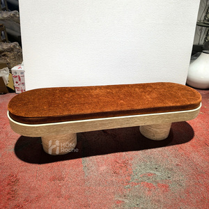 Modern Minimalist <strong>Seating</strong> Natural Marble Travertine <strong>Bench</strong> <strong>with</strong> Soft Velvet <strong>Cushion</strong> for Home &amp; Commercial Decor - Product Image 1