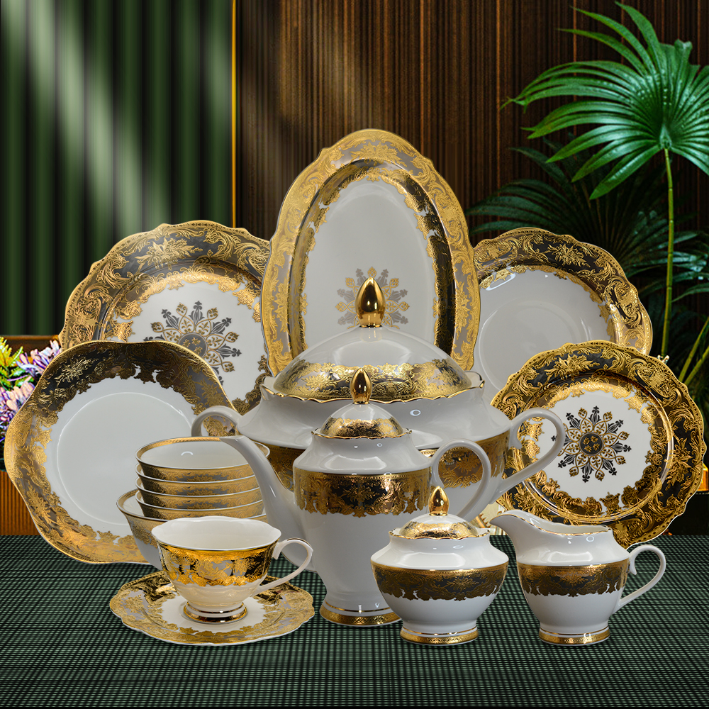 Luxury Embossed Gold Tableware Set - 98pcs Royal Style Fine China