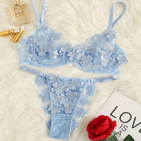 Set Bra dan Panty Wanita LUOYI Factory, Bordir Bunga Seksi, Lace Sheer, Underwire, Lingerie, Termasuk Panty Thong