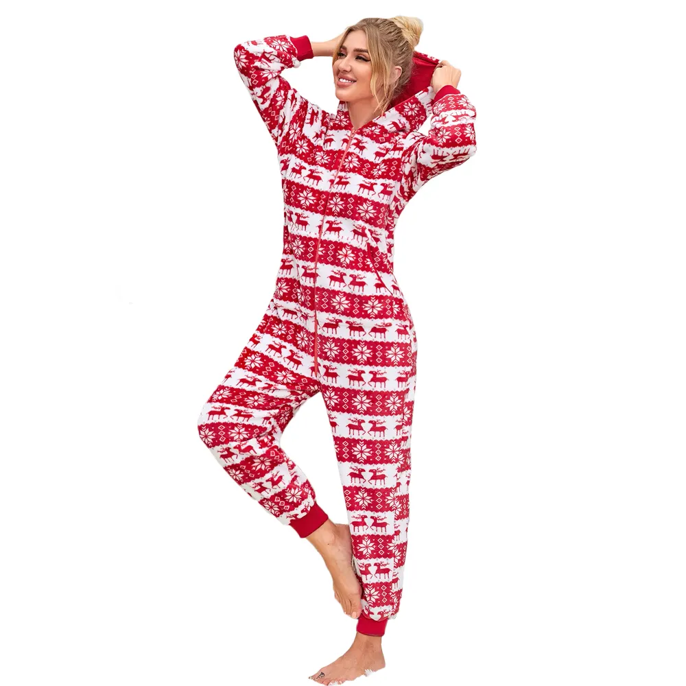 Nouveau pyjama à capuche pour femmes, combinaison en peluche, fermeture éclair, personnalisé, ombre de noël