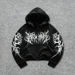 Sudadera con capucha y cremallera para hombre, estilo oversize, con cuello de piel, hombros caídos, diseño gráfico personalizado, estilo vintage, tejido grueso de 500g, de fabricante de ropa urbana. - Product Image 2