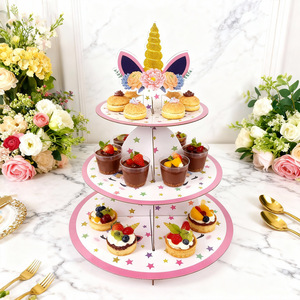 Support à gâteau en papier à trois étages sur le thème de la licorne, 37 cm, pour fête d'anniversaire, présentation de desserts, impression numérique ronde, respectueux de l'environnement - Product Image 4