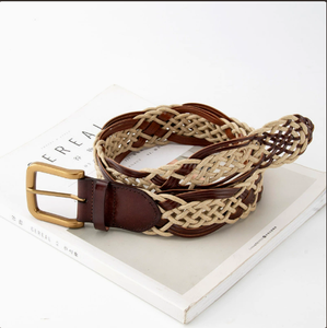 <span class=keywords><strong>Cintura</strong></span> Vintage con Fili di <span class=keywords><strong>Pelle</strong></span> Intrecciati Marrone e <span class=keywords><strong>Beige</strong></span>, Fibbia in Rame Retrò, Design Casual Bohemien Rustico ed Eco-sostenibile - Product Image 1
