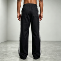 Pantalon vintage imprimé à motifs, coupe droite, streetwear, noir, impression numérique, poche, fermeture éclair, bouton