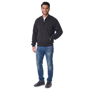 FINER THREADS Custom 100% Cotton Varsity <b>Jacket</b> <b>Men's</b> Winter Casual Front Logo Stand Collar Covered Button Closure Breathable - Product Image 1