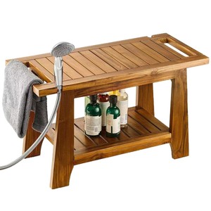 Tabouret de douche en bois Kaijiang Home Furnishings, deux niveaux, chaise de bain en teck avec étagère de rangement pour salle de bain - Product Image 3
