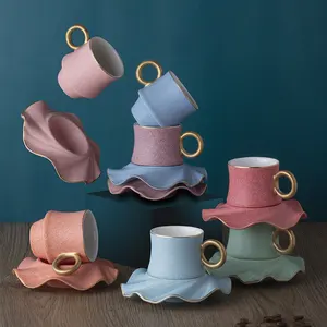 High Quality Unique Espresso Cup and Saucer Set Matt Gold Rim Painted Pink Arabic Colorful Glazed Ceramic Coffee Cup Set