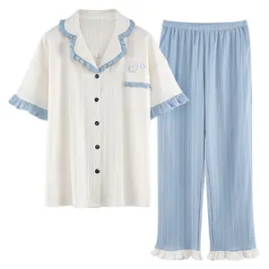 夏季可爱日韩女式睡衣加大码女式睡衣100% 棉两件套