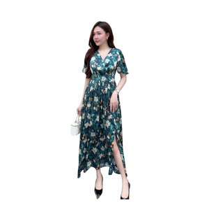 Elegant Women's Floral Chiffon Maxi <b>Dress</b> Wrap V Neck <b>Flutter</b> <b>Sleeve</b> High Waist Slit Beach Holiday Gown from Vietnam - Product Image 1