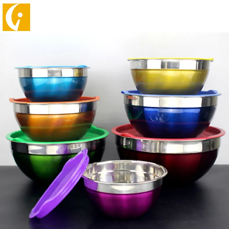 7-Piece Colorful Mixing Bowl Set Round 201 Stainless Steel Serving Salad Bowl mit Plastic Lids