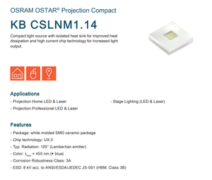 Chip LED Azul Compacto de Alta Potencia OSTAR KB CSLNM1.14 de 3W y 459nm para Pantallas Comerciales/Industriales/Minoristas - Product Image 2