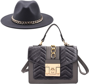 Q20123 8 couleurs automne/hiver dames Jazz large bord Fedora avec chaîne bandeaux et velours sacs à main femmes feutre <span class=keywords><strong>Fedoras</strong></span> + sac ensemble - Product Image 6
