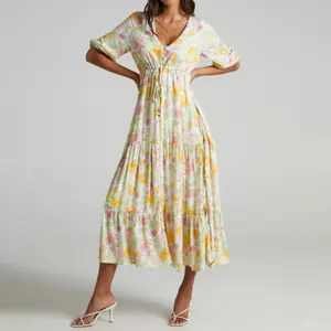 Penjualan Laris Gaun Maxi Cetakan Bunga Ruffle Berkerut Cetak Bunga Cetak Cetak Digital Pakaian Wanita Gaun Wanita Musim Panas Kasual