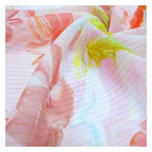 New 100% Polyester Woven Chiffon Fabric Vintage Printed Sequins Embroidered Stripe Floral Design with Stylish Stripes