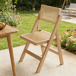 Silla Plegable Moderna de Madera Maciza y Ratán, Silla de Comedor Portátil de Mimbre Natural para Patio, Jardín, Balcón y Uso en Exteriores - Product Image 2