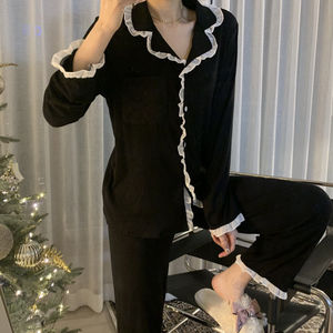 Cardigan a maniche lunghe da <span class=keywords><strong>donna</strong></span> in Cyber celebrità semplici abiti neri per la casa in pizzo con <span class=keywords><strong>pigiama</strong></span> largo primavera autunno anteriore - Product Image 4