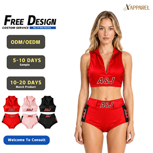 Ensemble deux pièces A&J GRS pour femme : crop top en satin zippé et short taille haute avec panneau latéral contrastant – Fabrication sur mesure - Product Image 1