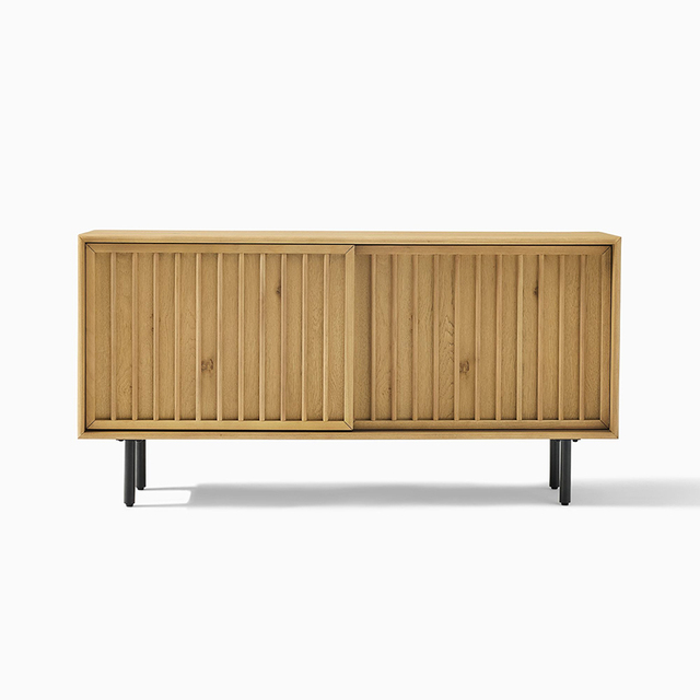 Natural Wood TV Stand Modern 2-Door Fluted Media Console with Metal Legs for Home & Hotel Use