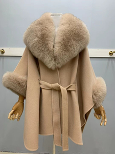 OFTBUY 2023, abrigo largo de lujo para mujer, chal de piel de zorro Real con cinturón elegante, mezcla de Cachemira de lana de manga tres cuartos, moda - Product Image 6