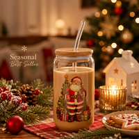 YUANHE Tasse à café en verre borosilicate de Noël avec couvercle en bambou et paille, compatible lave-vaisselle et micro-ondes, réutilisable, grande capacité, moderne, pour jus