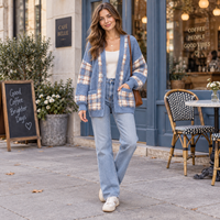 Cardigan surdimensionné à carreaux pour femme, col en V, en tricot gaufré, boutonné, avec poches, OEM ODM