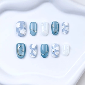 Faux <span class=keywords><strong>Ongles</strong></span> Personnalisés Effet <span class=keywords><strong>Métallique</strong></span> Étoile et Lune, Acrylique <span class=keywords><strong>Bleu</strong></span> Nuage 3D, Courts, Ronds, Ovales, à Presser, Haute Qualité avec Colle - Product Image 1