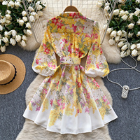 Robe décontractée pour femme à imprimé floral, coupe trapèze, col montant, manches lanternes, ceinturée, élégante, courte, pour les fêtes, le quotidien et les vacances