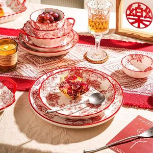 Chinese Style Ceramic Bowl And Plate Set Red Floral Pattern Wedding Gift Dinnerware Set - Product Image 3