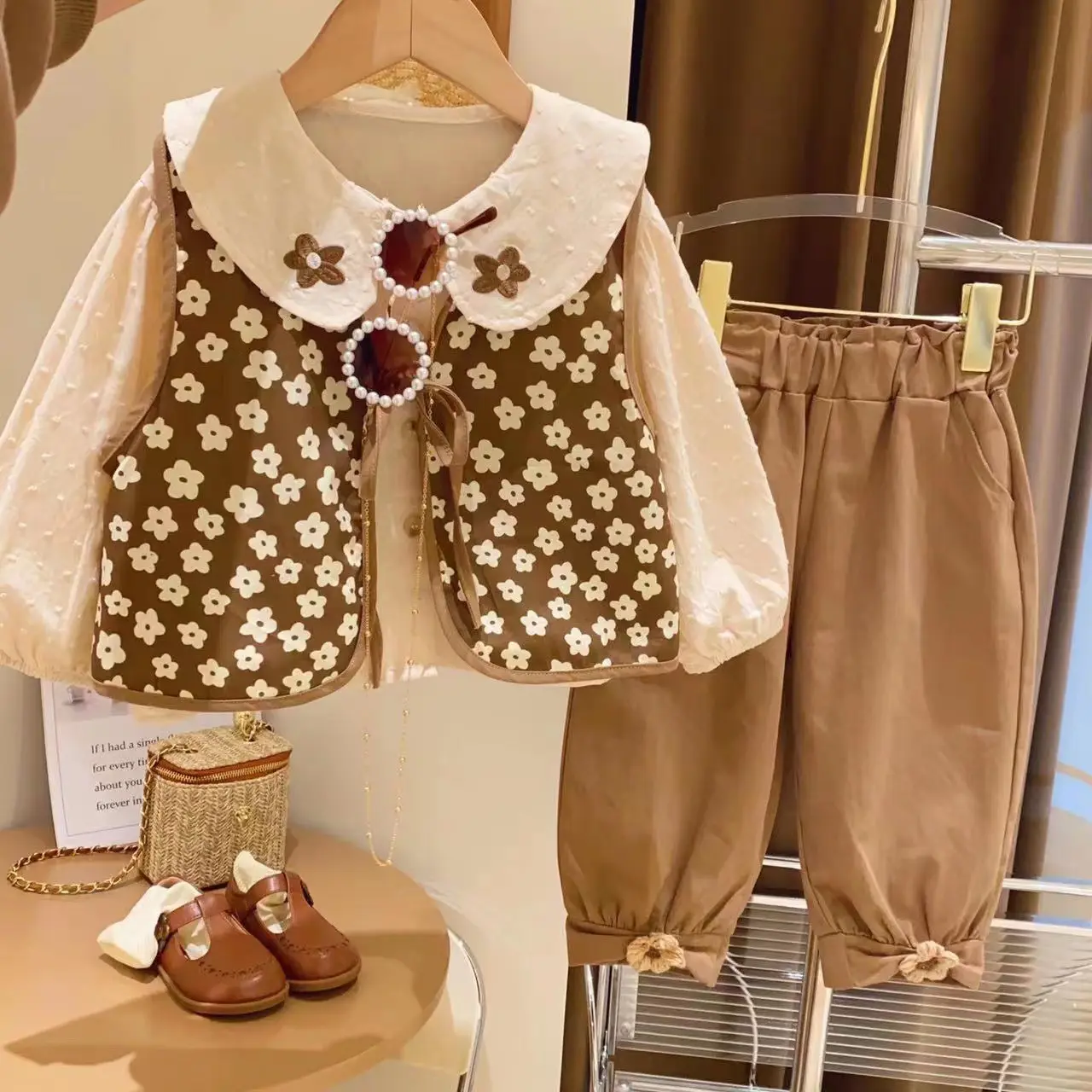 3ピース幼児ベビーヴィンテージ服セットフラワーベストロングシャツと女の子の子供のためのパンツスーツ