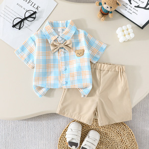 Ensemble chemise et <span class=keywords><strong>short</strong></span> pour garçons d'été, chemise à manches courtes à carreaux décontractée et <span class=keywords><strong>short</strong></span> <span class=keywords><strong>beige</strong></span>, ensemble élégant en deux pièces pour enfants - Product Image 1